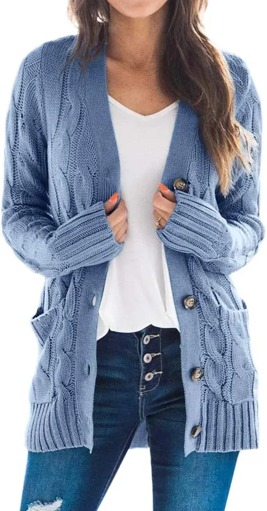 Goranbon Women's Cable Knit Cardigan Long Sleeve Open Front Button Down Knitwear Sweater Coat