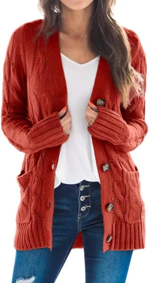 Goranbon Women's Cable Knit Cardigan Long Sleeve Open Front Button Down Knitwear Sweater Coat