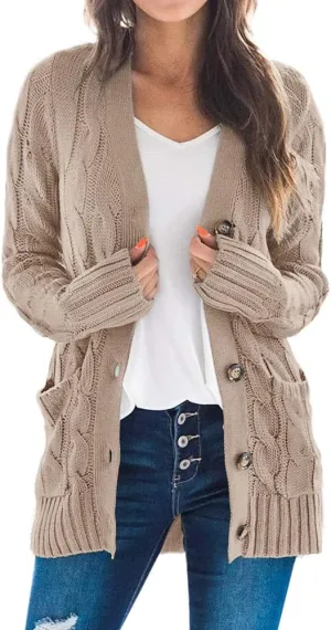 Goranbon Women's Cable Knit Cardigan Long Sleeve Open Front Button Down Knitwear Sweater Coat