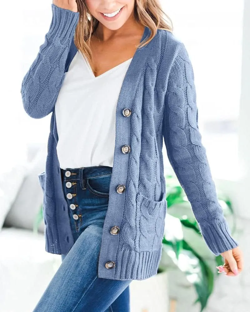 Goranbon Women's Cable Knit Cardigan Long Sleeve Open Front Button Down Knitwear Sweater Coat
