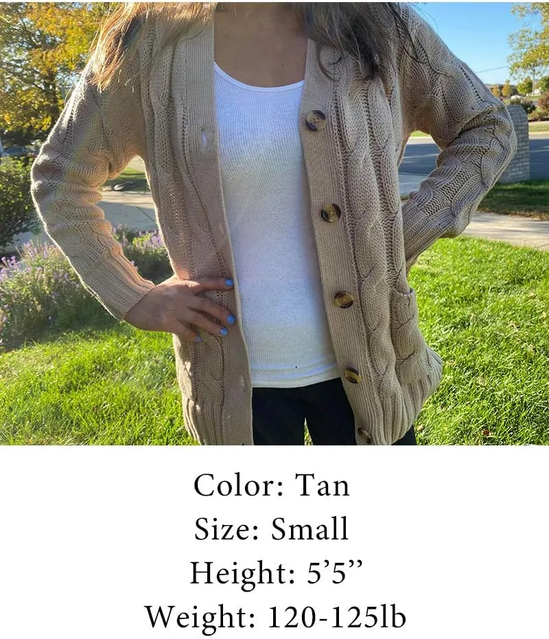 Goranbon Women's Cable Knit Cardigan Long Sleeve Open Front Button Down Knitwear Sweater Coat