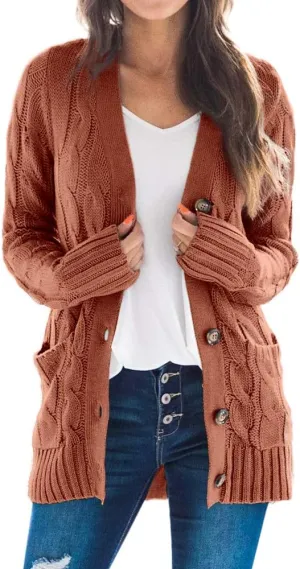 Goranbon Women's Cable Knit Cardigan Long Sleeve Open Front Button Down Knitwear Sweater Coat