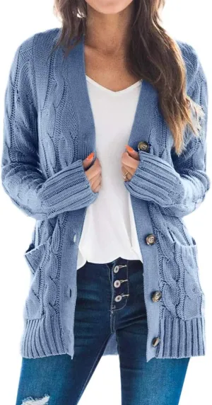 Goranbon Women's Cable Knit Cardigan Long Sleeve Open Front Button Down Knitwear Sweater Coat