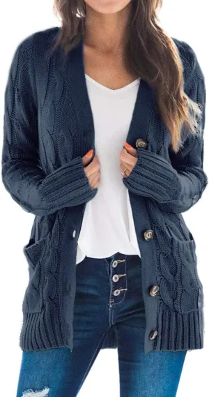 Goranbon Women's Cable Knit Cardigan Long Sleeve Open Front Button Down Knitwear Sweater Coat