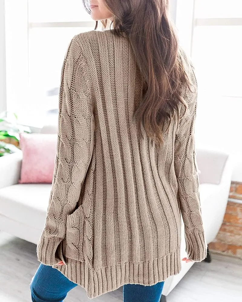 Goranbon Women's Cable Knit Cardigan Long Sleeve Open Front Button Down Knitwear Sweater Coat