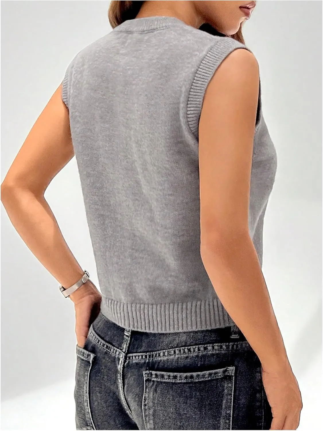 GORGLITTER Women's Button Down Knit Sweater Vest Sleeveless Crewneck Crop Cardigan
