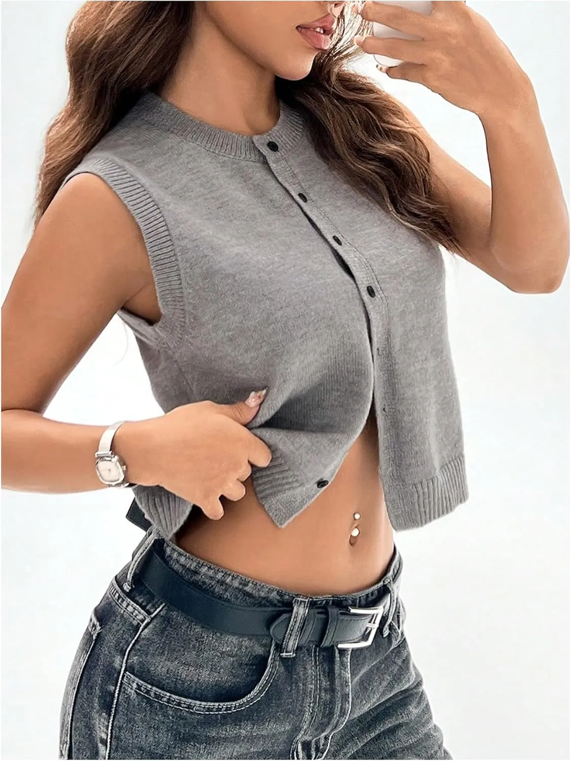 GORGLITTER Women's Button Down Knit Sweater Vest Sleeveless Crewneck Crop Cardigan