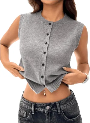 GORGLITTER Women's Button Down Knit Sweater Vest Sleeveless Crewneck Crop Cardigan