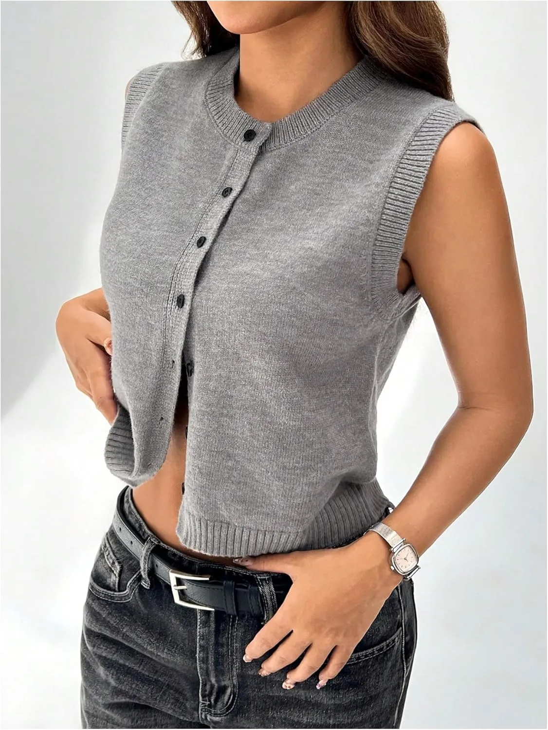 GORGLITTER Women's Button Down Knit Sweater Vest Sleeveless Crewneck Crop Cardigan