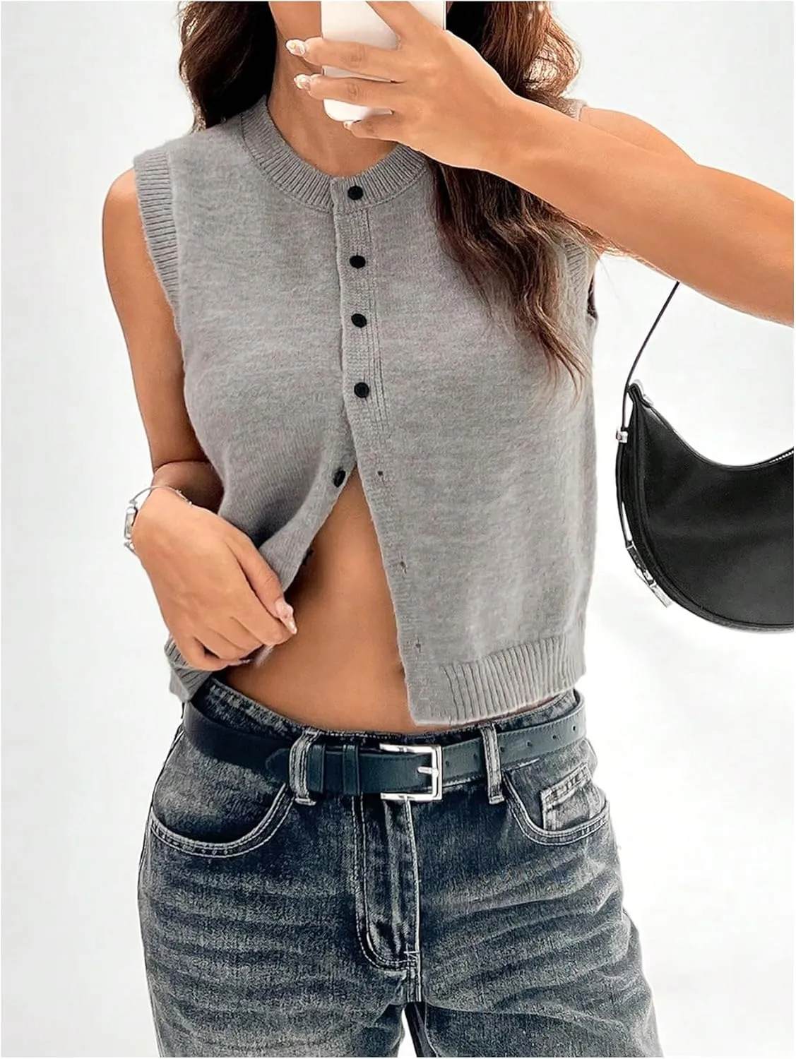 GORGLITTER Women's Button Down Knit Sweater Vest Sleeveless Crewneck Crop Cardigan