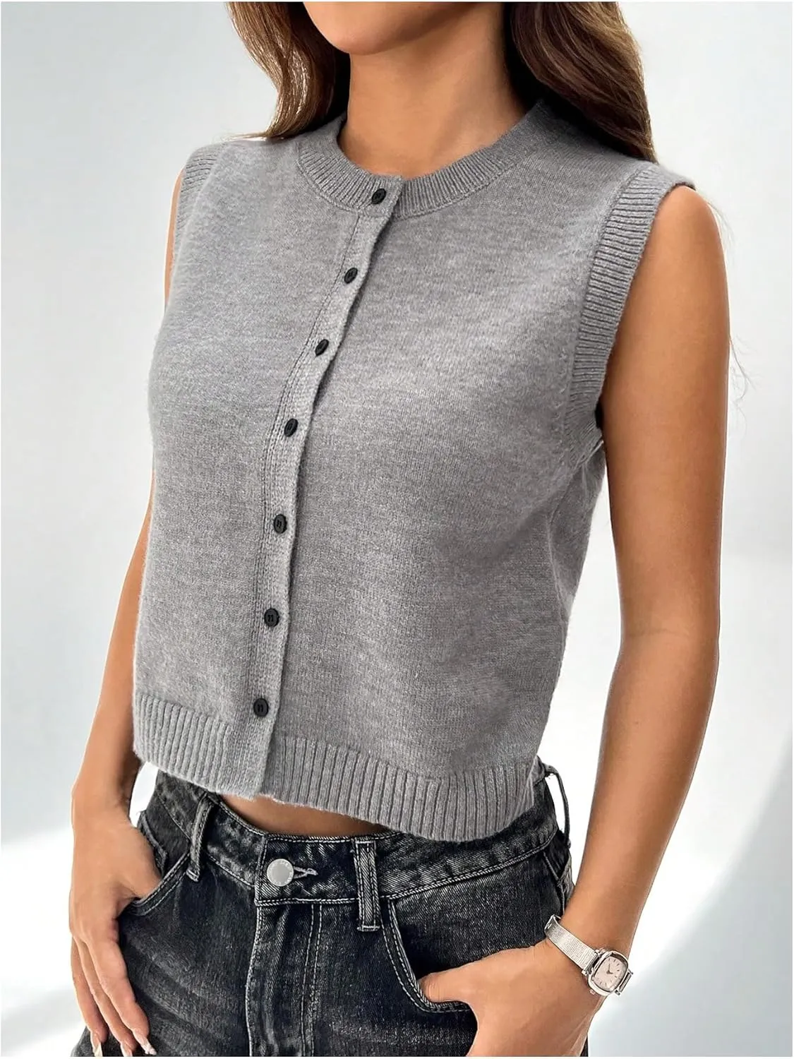 GORGLITTER Women's Button Down Knit Sweater Vest Sleeveless Crewneck Crop Cardigan