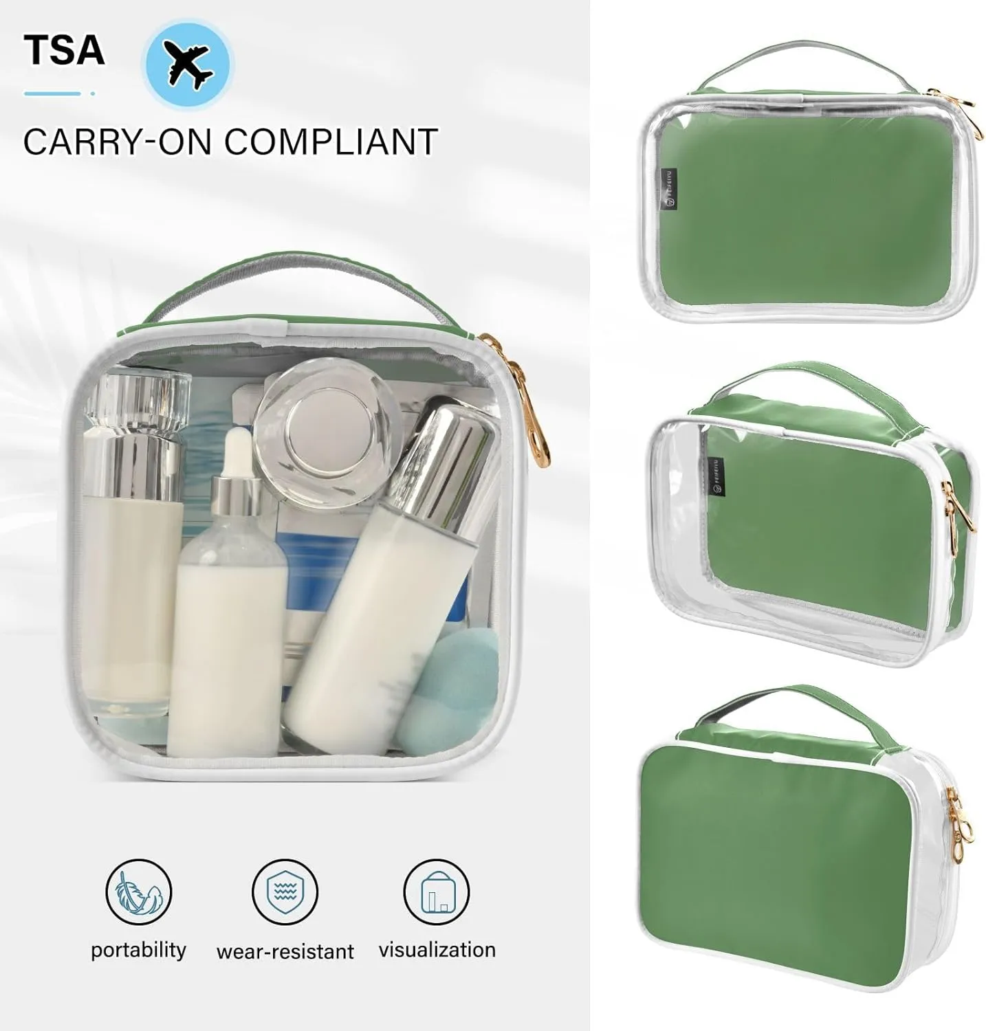 Grass Green Clear Makeup Bags TSA Approved Toiletry Bag for Women Men Cosmetic Bags with Zipper Carry On Airport Airline Compliant Bag Quart Size PVC Travel Bags for Toiletries Cosmetics, 2 Pack