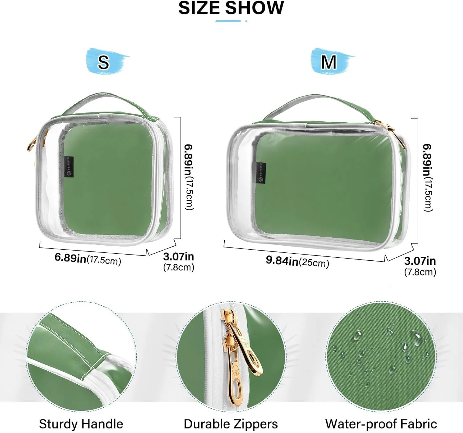 Grass Green Clear Makeup Bags TSA Approved Toiletry Bag for Women Men Cosmetic Bags with Zipper Carry On Airport Airline Compliant Bag Quart Size PVC Travel Bags for Toiletries Cosmetics, 2 Pack