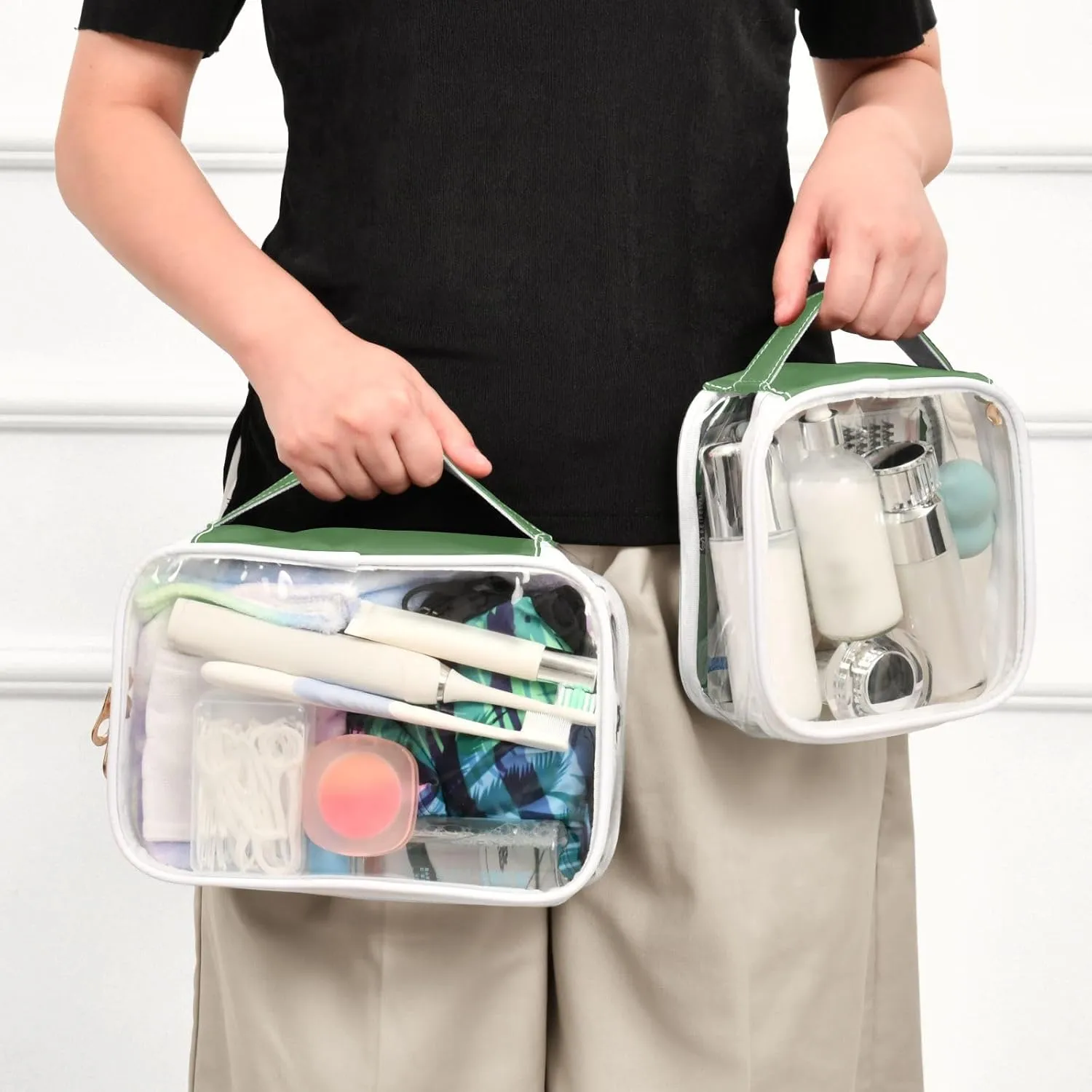 Grass Green Clear Makeup Bags TSA Approved Toiletry Bag for Women Men Cosmetic Bags with Zipper Carry On Airport Airline Compliant Bag Quart Size PVC Travel Bags for Toiletries Cosmetics, 2 Pack