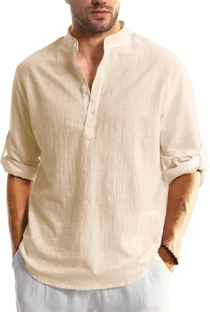 Hakjay Cotton Linen Shirts for Men Casual Shirts Lightweight Long Sleeve Henley Beach Shirts Hawaiian T Shirts for Men