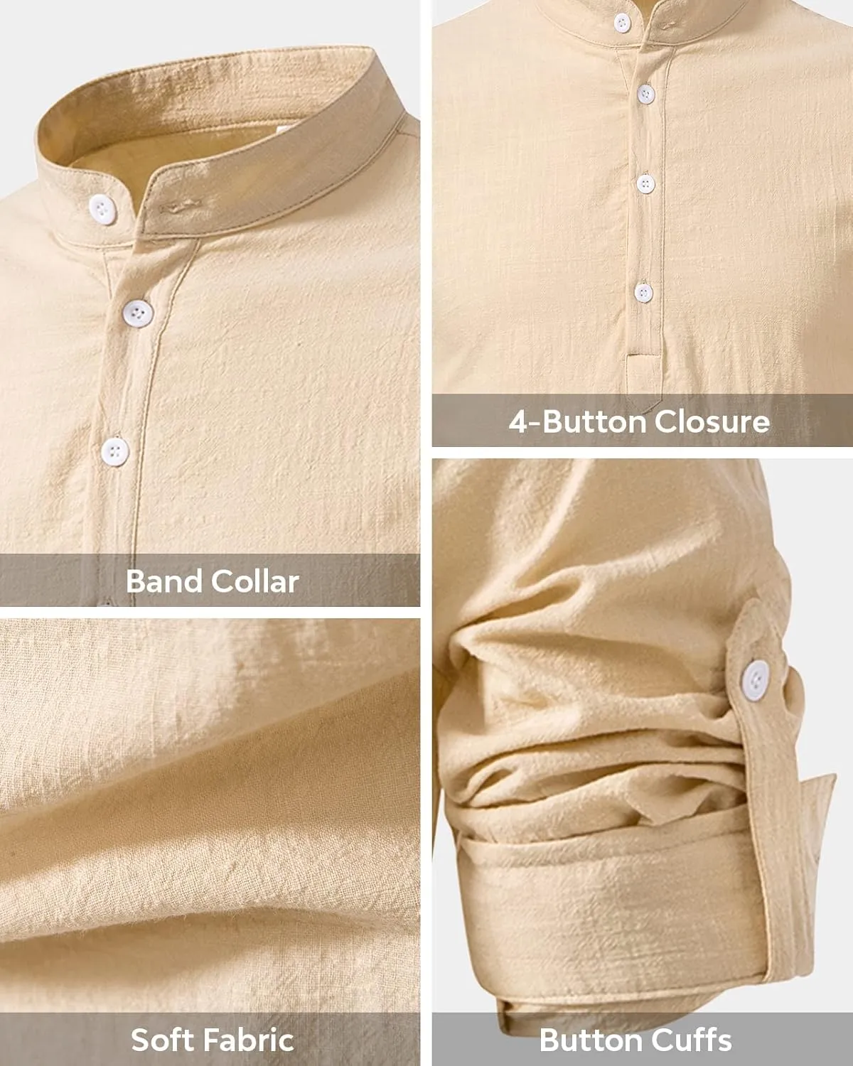 Hakjay Cotton Linen Shirts for Men Casual Shirts Lightweight Long Sleeve Henley Beach Shirts Hawaiian T Shirts for Men