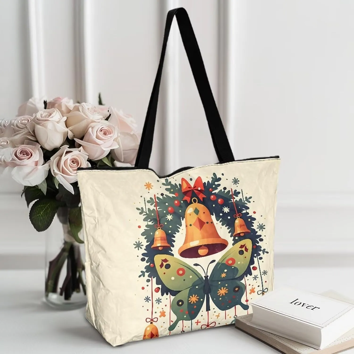 Halloween Flame Skull Women Tote Paper Bag Gothic Butterfly Foldable Tote Bag, Cow Print Large Work Commute Bag
