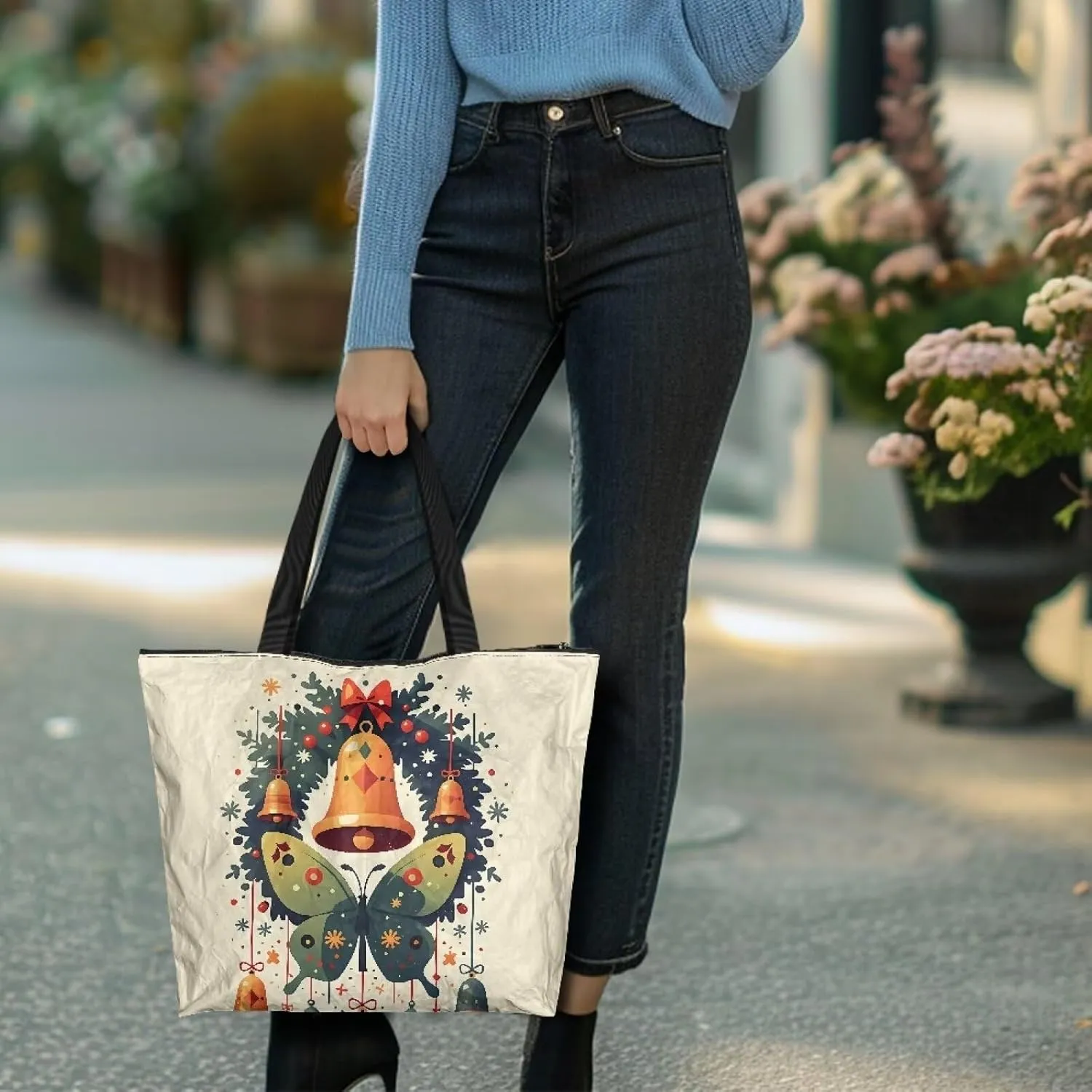 Halloween Flame Skull Women Tote Paper Bag Gothic Butterfly Foldable Tote Bag, Cow Print Large Work Commute Bag