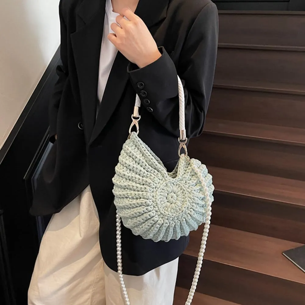 Handwoven Seashell Bag Shell Purse Crossbody Bags for Women Boho Shell Clutch Pearl Strap Leather Handle Hardware
