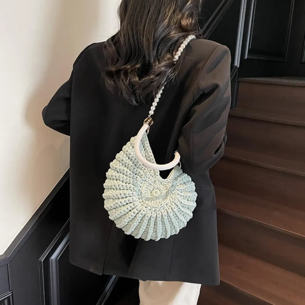Handwoven Seashell Bag Shell Purse Crossbody Bags for Women Boho Shell Clutch Pearl Strap Leather Handle Hardware