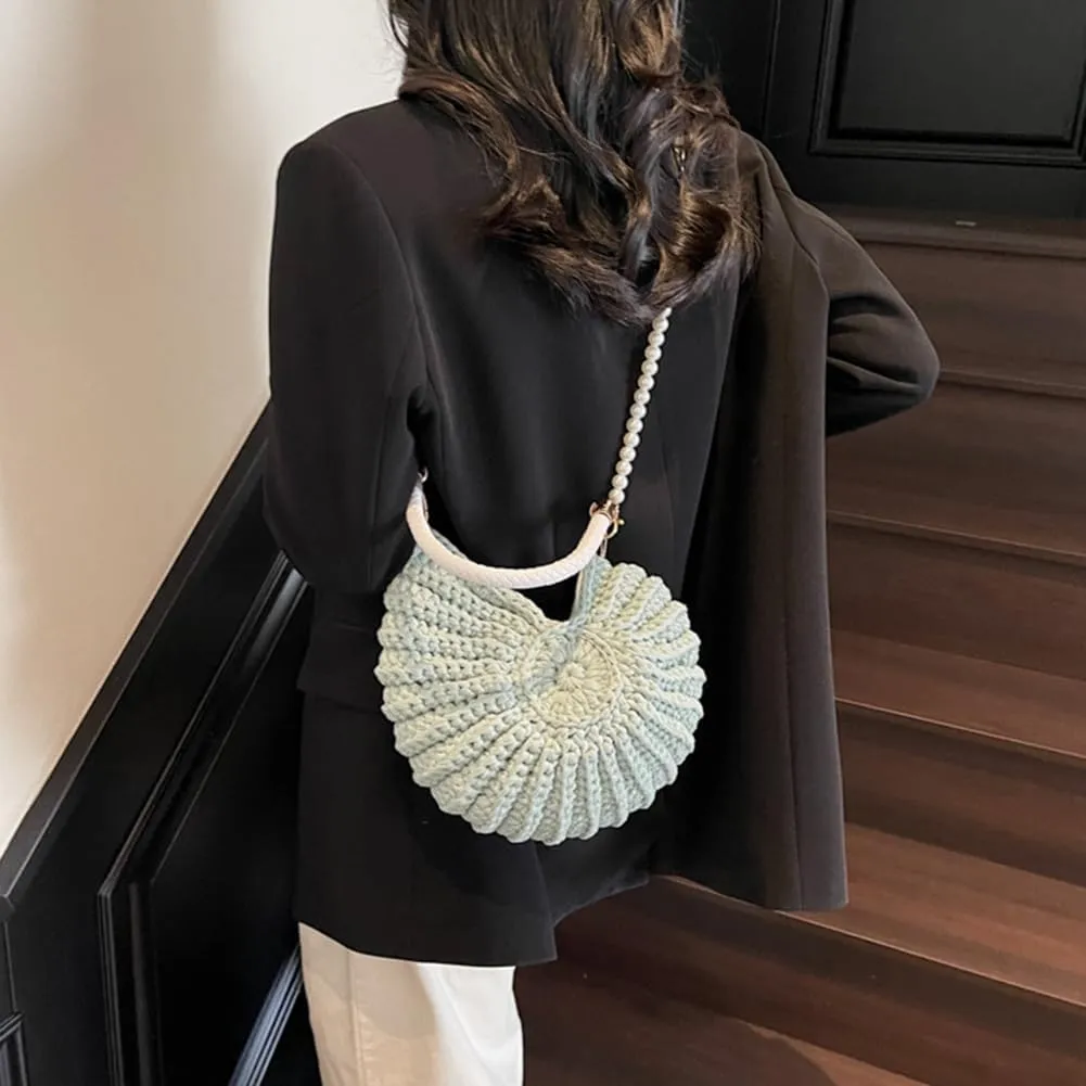 Handwoven Seashell Bag Shell Purse Crossbody Bags for Women Boho Shell Clutch Pearl Strap Leather Handle Hardware