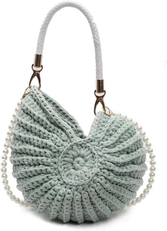 Handwoven Seashell Bag Shell Purse Crossbody Bags for Women Boho Shell Clutch Pearl Strap Leather Handle Hardware