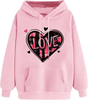 Heart Graphic Hoodies for Women Cute Long Sleeve Valentines Sweatshirts Trendy Comfy Hooded Pullover with Pockets