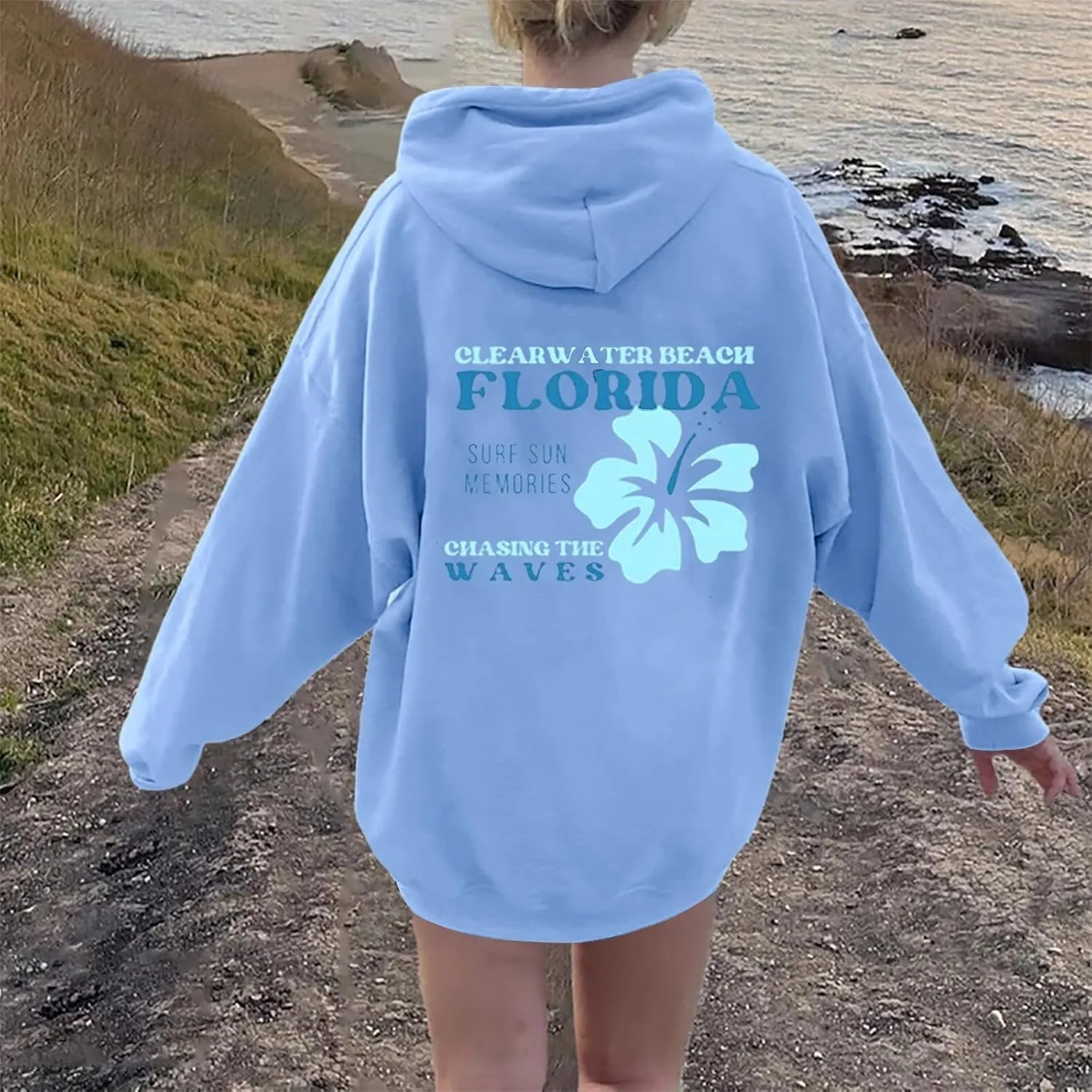 Heevina Pink Palm Puff Hoodie Hoodies For Women Clear Water Beach Florida Surf Sun Memories Chasing The Waves Hoodies