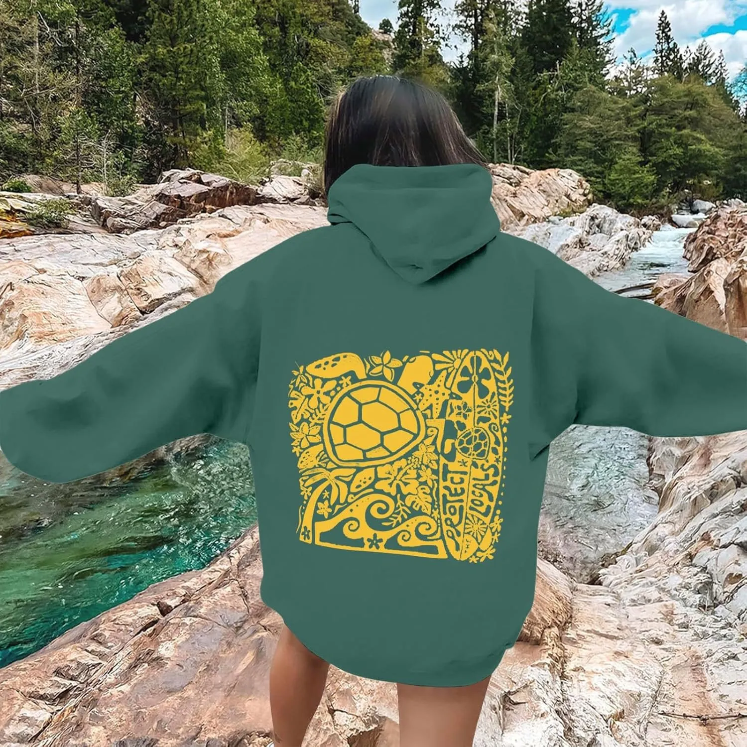 Heevina Pink Palm Puff Hoodie Women Turtle Starfish Surfboard Floral Top Hooded Sweatshirt