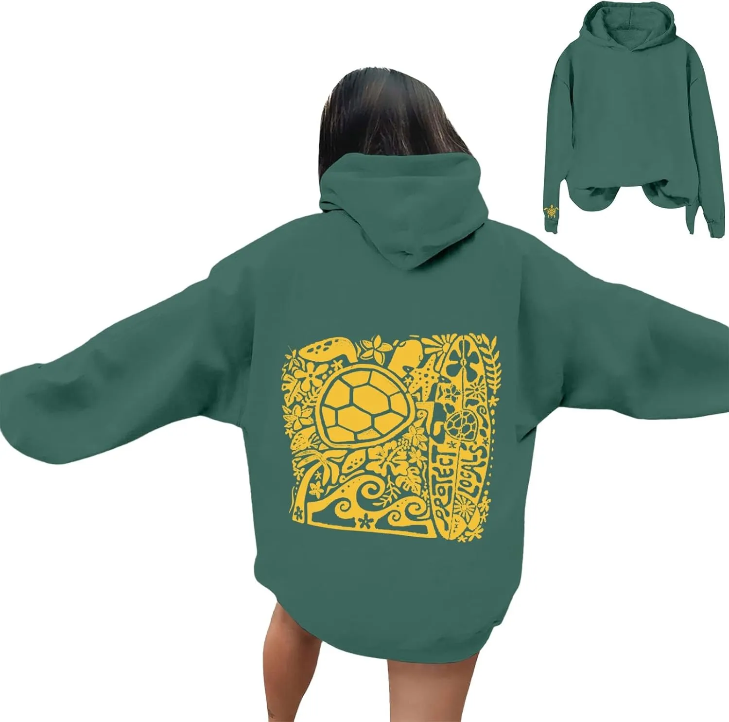 Heevina Pink Palm Puff Hoodie Women Turtle Starfish Surfboard Floral Top Hooded Sweatshirt
