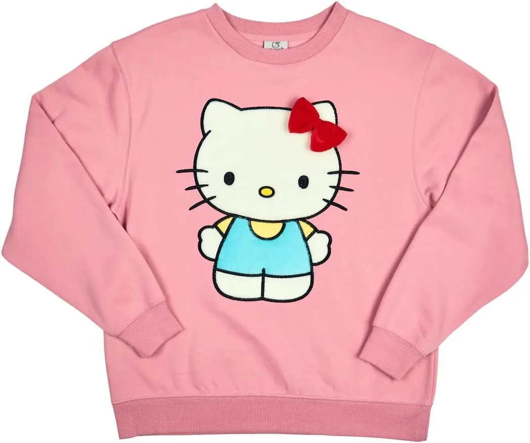 Hello Kitty Big Face Plush Character Women's Pink Crew Neck Long Sleeve Oversized Fleece Sweatshirt