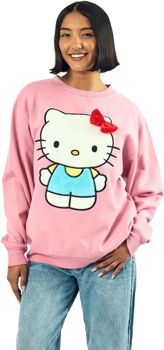 Hello Kitty Big Face Plush Character Women's Pink Crew Neck Long Sleeve Oversized Fleece Sweatshirt