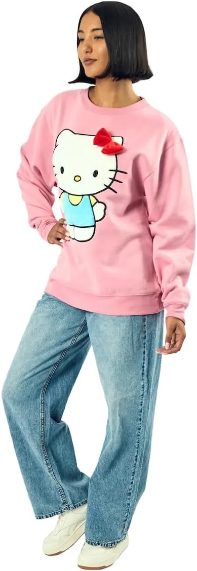 Hello Kitty Big Face Plush Character Women's Pink Crew Neck Long Sleeve Oversized Fleece Sweatshirt