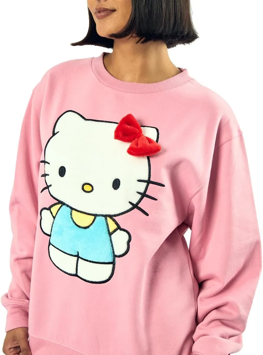 Hello Kitty Big Face Plush Character Women's Pink Crew Neck Long Sleeve Oversized Fleece Sweatshirt