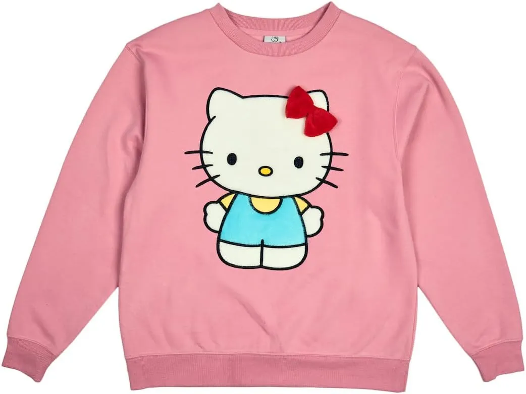 Hello Kitty Big Face Plush Character Women's Pink Crew Neck Long Sleeve Oversized Fleece Sweatshirt