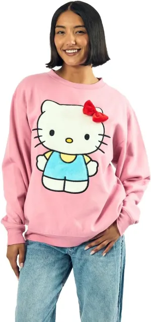 Hello Kitty Big Face Plush Character Women's Pink Crew Neck Long Sleeve Oversized Fleece Sweatshirt
