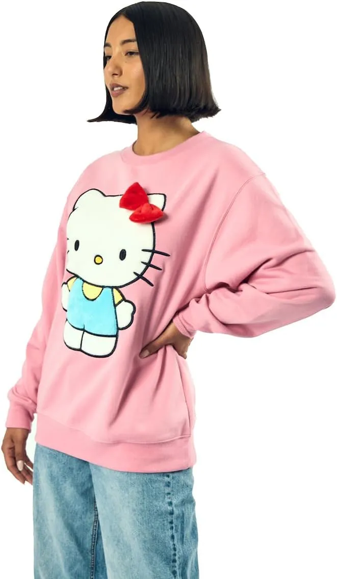 Hello Kitty Big Face Plush Character Women's Pink Crew Neck Long Sleeve Oversized Fleece Sweatshirt