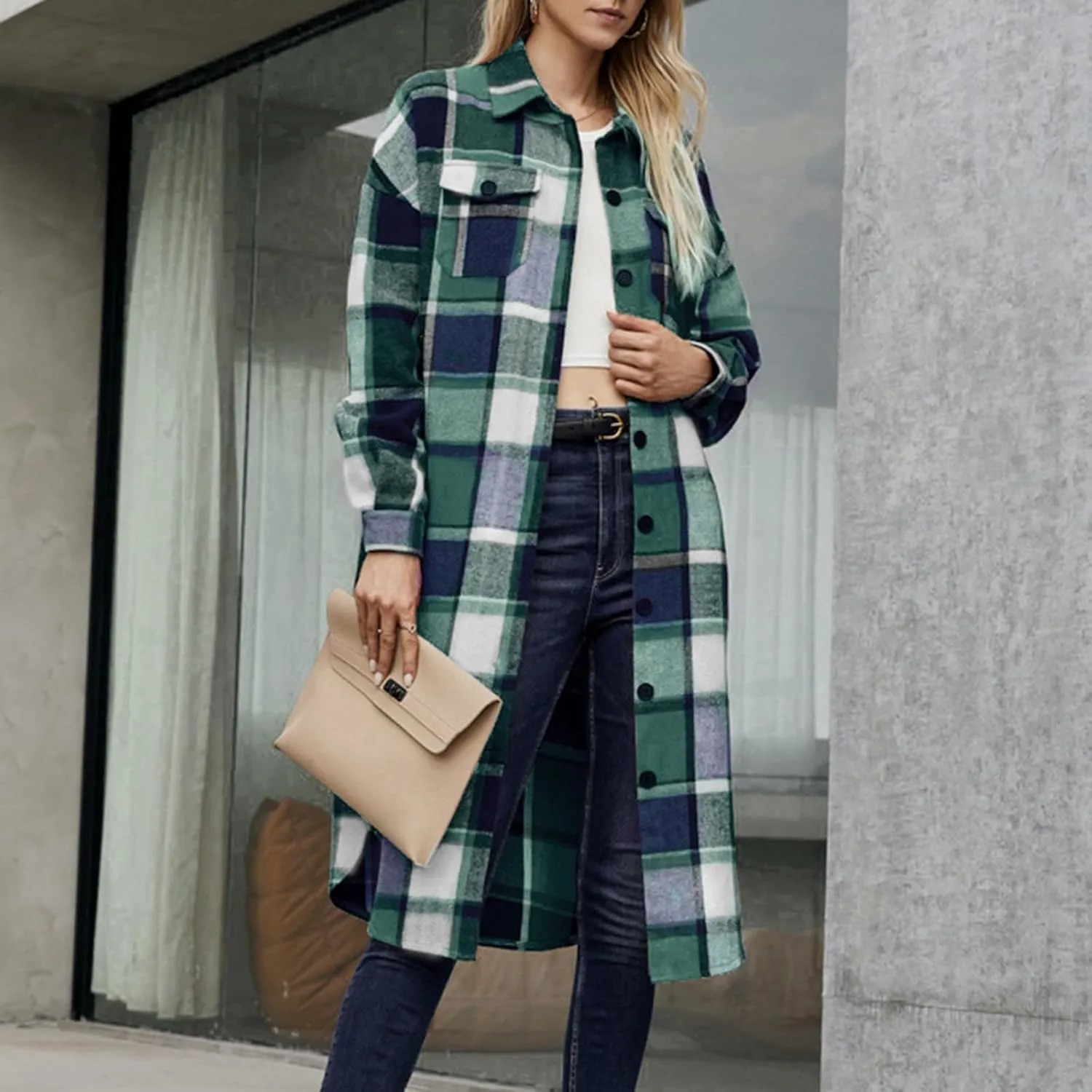 HGps8w Checkered Pea Coat for Women Lapel Collar Button Down Casual Long Wool Blend Winter Trench Coat Outerwear with Pockets