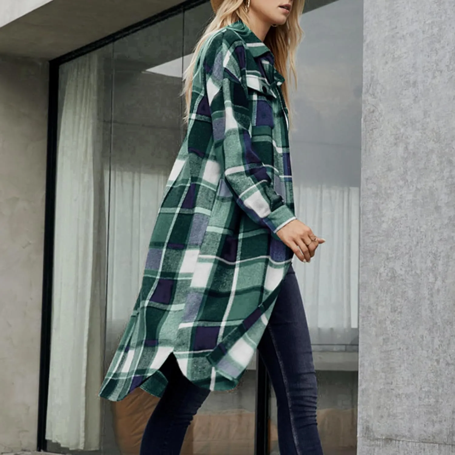 HGps8w Checkered Pea Coat for Women Lapel Collar Button Down Casual Long Wool Blend Winter Trench Coat Outerwear with Pockets