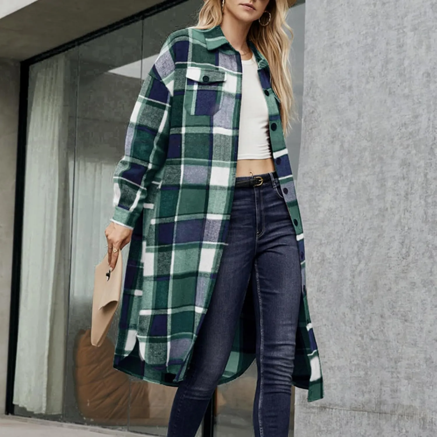HGps8w Checkered Pea Coat for Women Lapel Collar Button Down Casual Long Wool Blend Winter Trench Coat Outerwear with Pockets