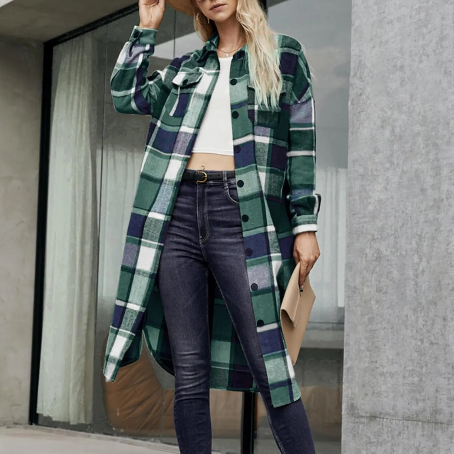 HGps8w Checkered Pea Coat for Women Lapel Collar Button Down Casual Long Wool Blend Winter Trench Coat Outerwear with Pockets