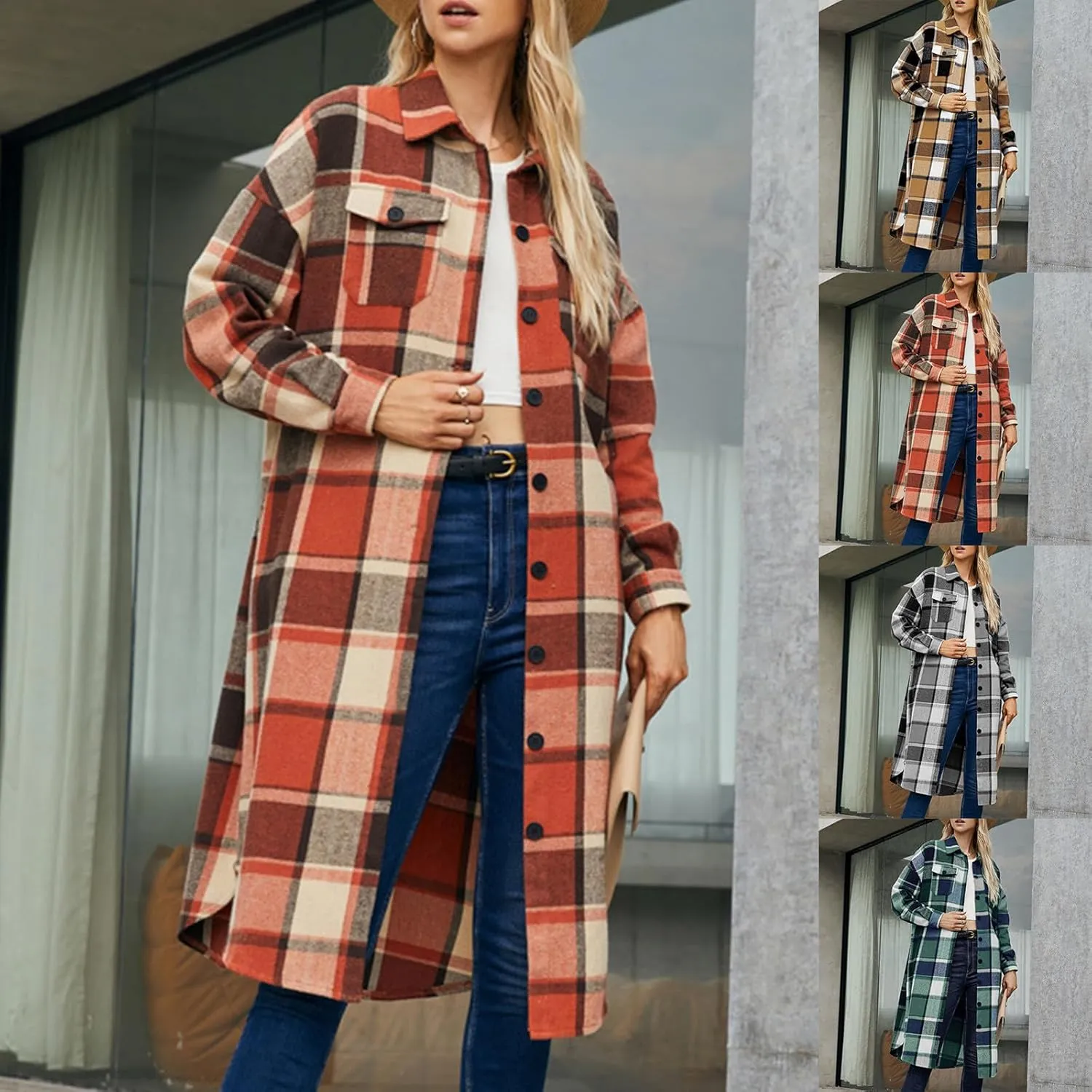 HGps8w Checkered Pea Coat for Women Lapel Collar Button Down Casual Long Wool Blend Winter Trench Coat Outerwear with Pockets