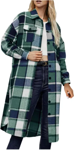 HGps8w Checkered Pea Coat for Women Lapel Collar Button Down Casual Long Wool Blend Winter Trench Coat Outerwear with Pockets
