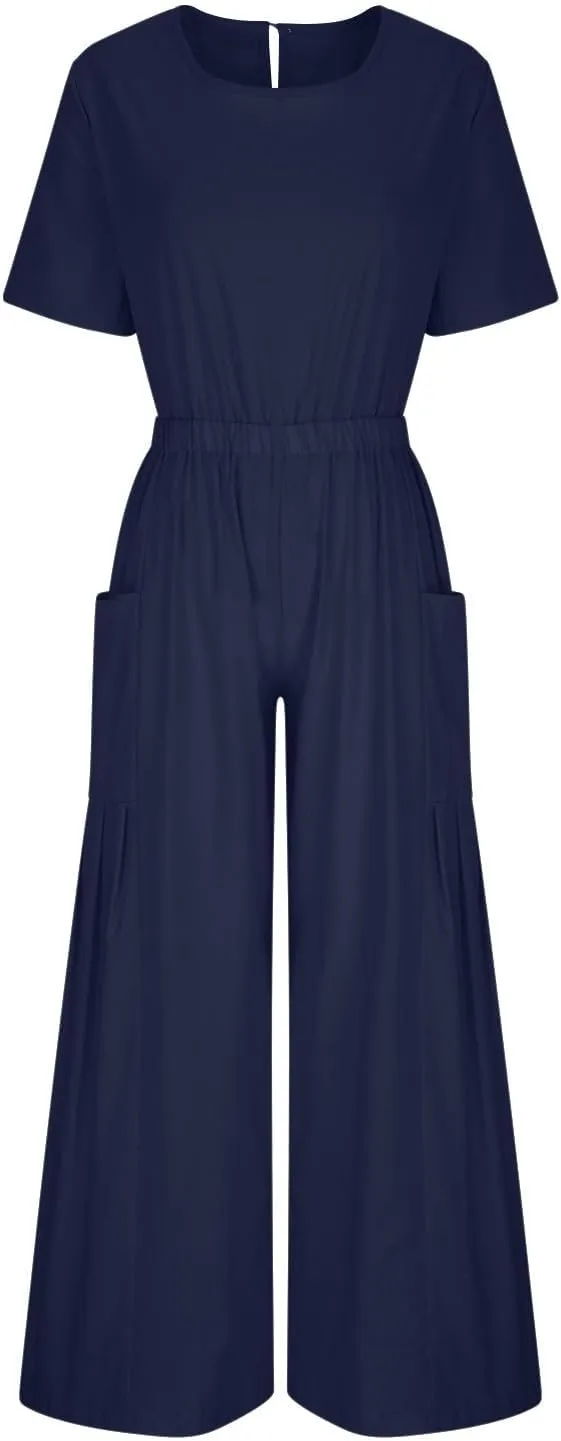 HGps8w Cotton Linen Jumpsuits for Women Casual Wide Leg Pants Romper 2025 Summer Short Sleeve One Piece Outfits with Pockets