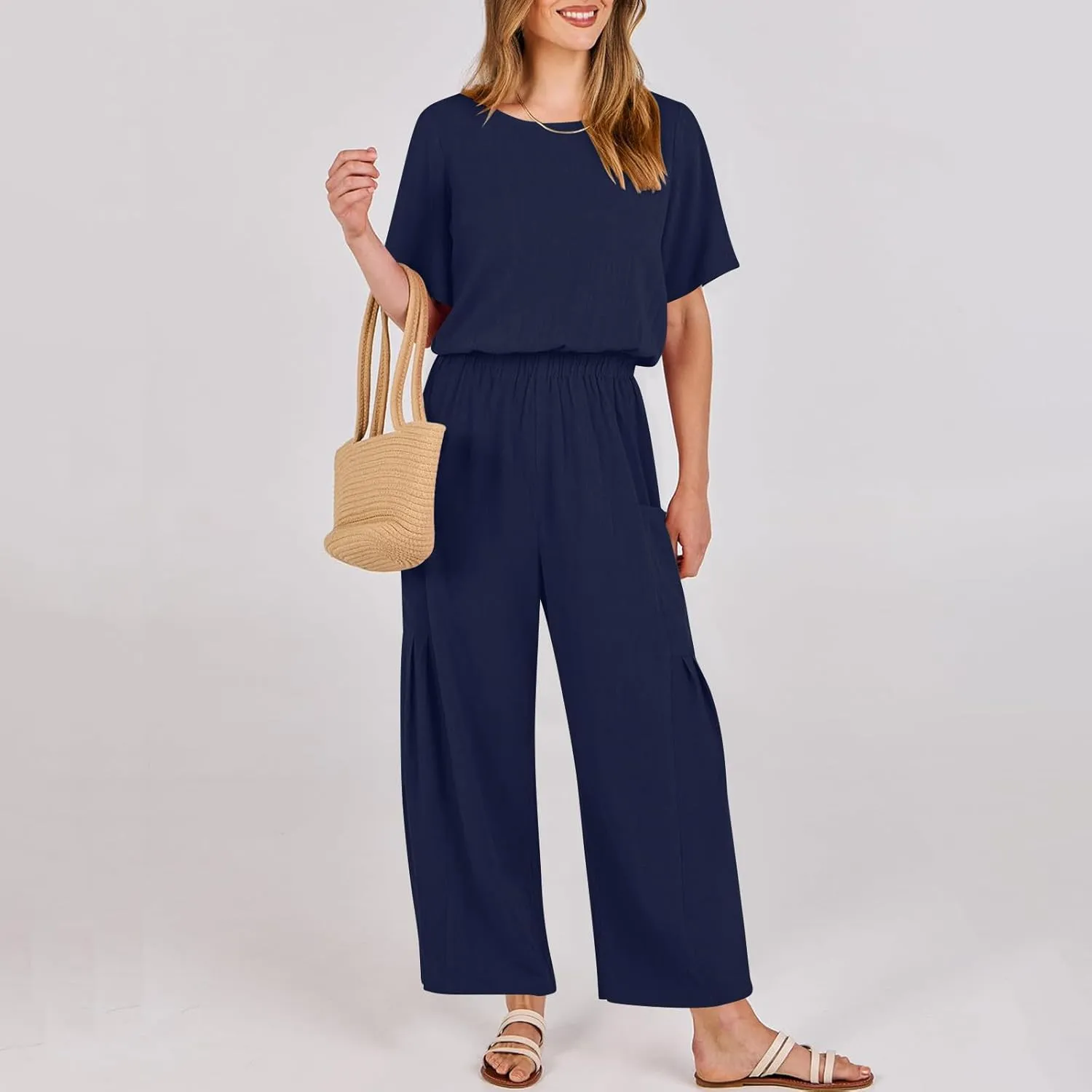 HGps8w Cotton Linen Jumpsuits for Women Casual Wide Leg Pants Romper 2025 Summer Short Sleeve One Piece Outfits with Pockets