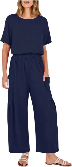 HGps8w Cotton Linen Jumpsuits for Women Casual Wide Leg Pants Romper 2025 Summer Short Sleeve One Piece Outfits with Pockets