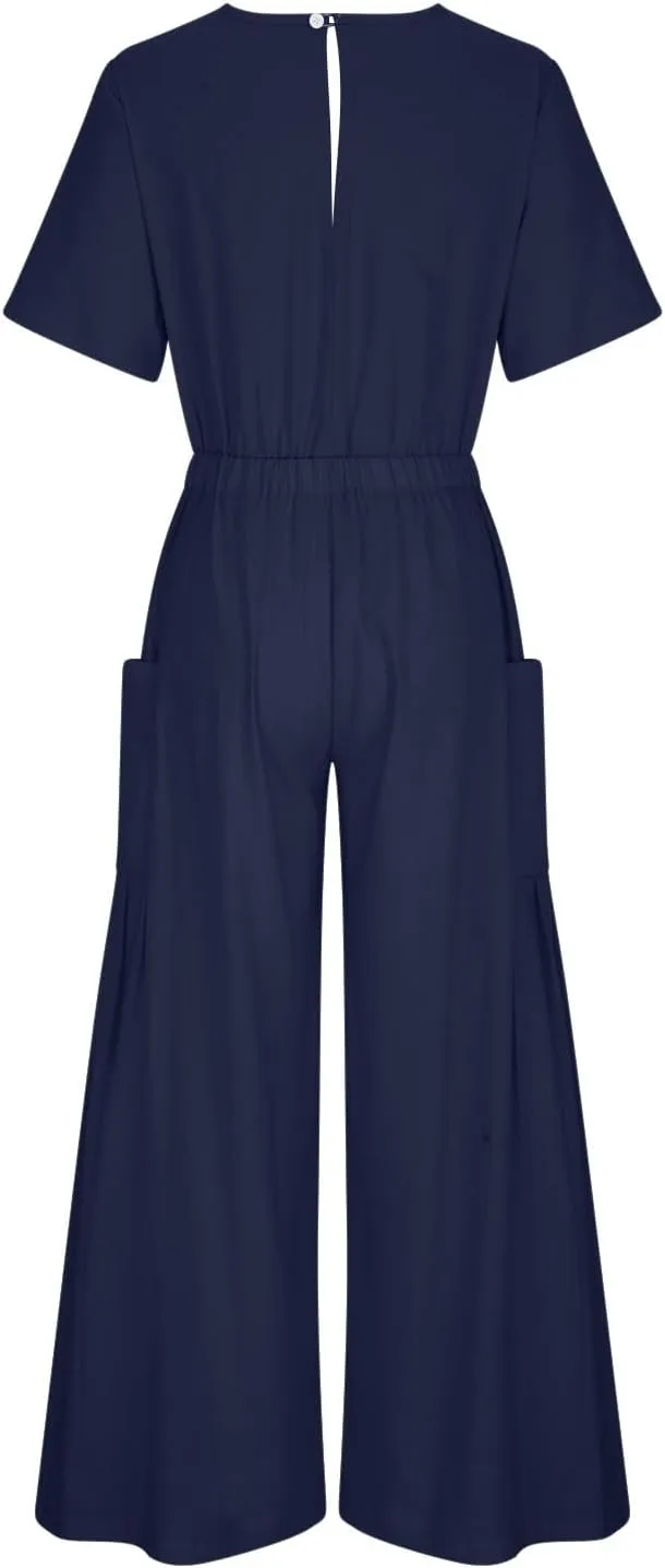HGps8w Cotton Linen Jumpsuits for Women Casual Wide Leg Pants Romper 2025 Summer Short Sleeve One Piece Outfits with Pockets