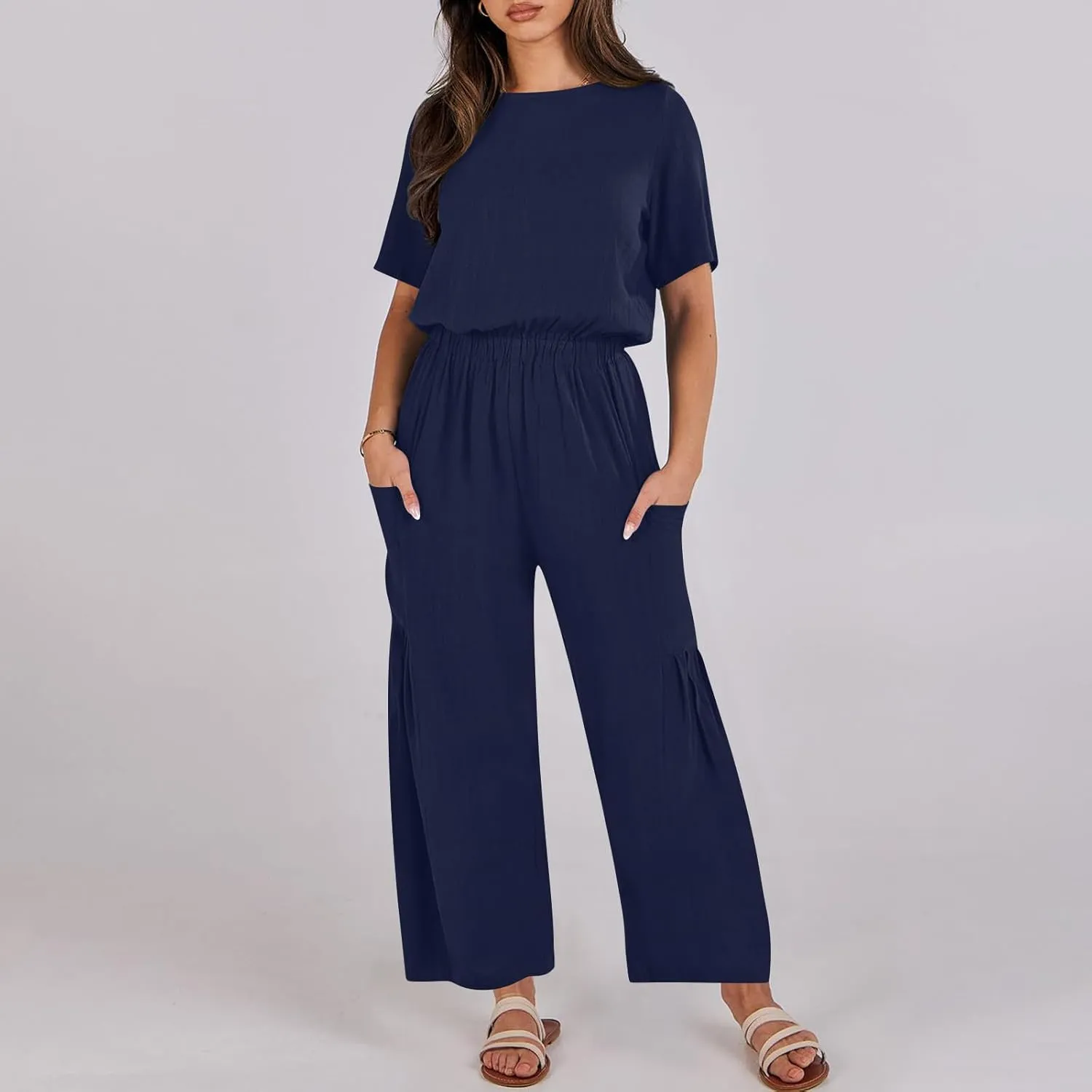 HGps8w Cotton Linen Jumpsuits for Women Casual Wide Leg Pants Romper 2025 Summer Short Sleeve One Piece Outfits with Pockets