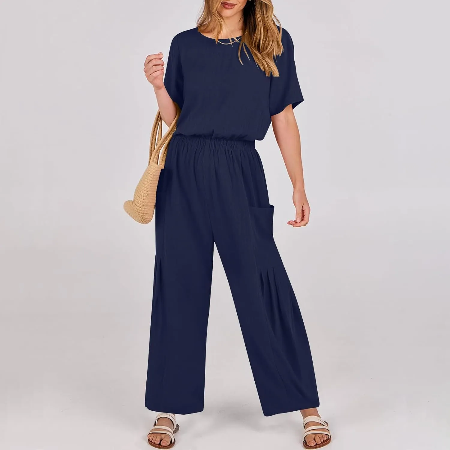 HGps8w Cotton Linen Jumpsuits for Women Casual Wide Leg Pants Romper 2025 Summer Short Sleeve One Piece Outfits with Pockets
