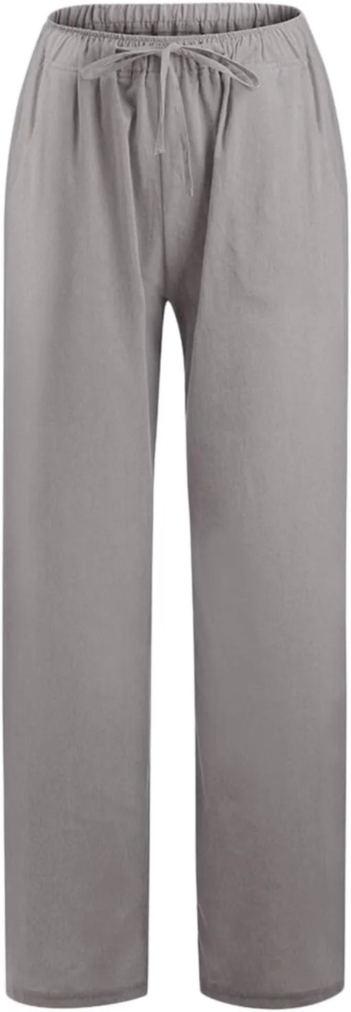 High Waist Wide Leg Linen Pants For Women Drawstring Boho Palazzo Trouser with Pockets Lounge Travel Vacation Outfits